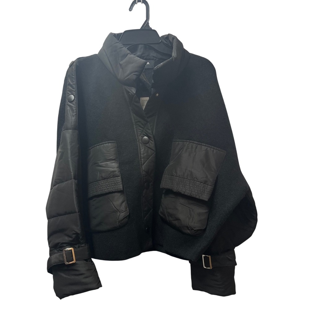 Womens Black Mixed-Material Puffer Coat